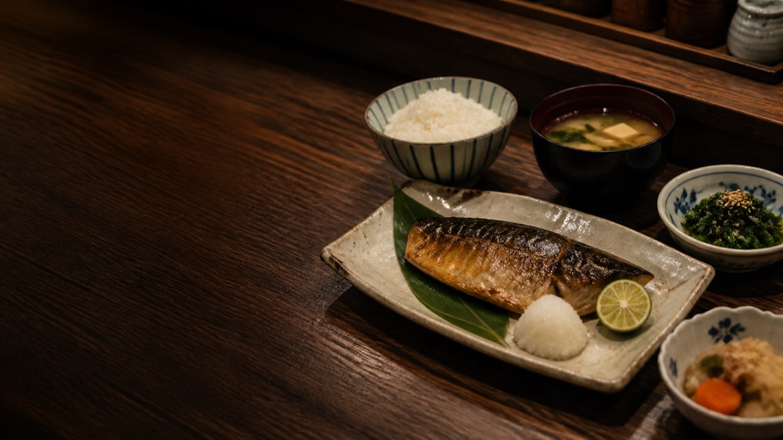 A Japanese set meal on a wooden counter
