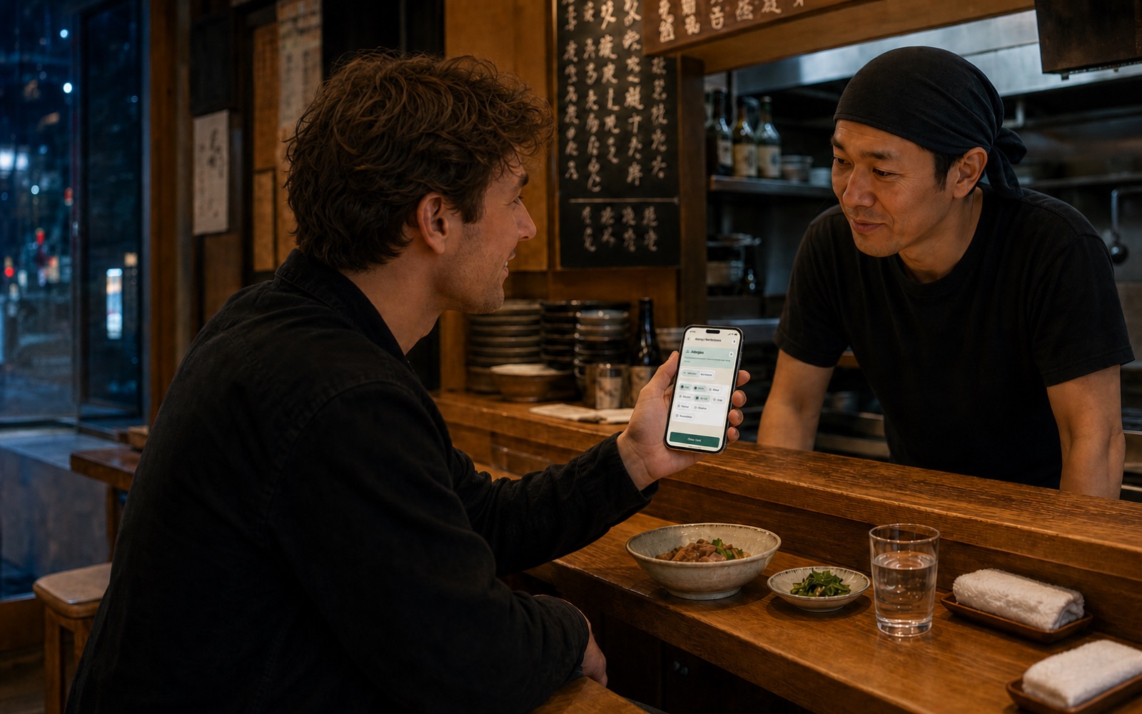 A traveler showing one naturally sized phone to a restaurant worker across a counter in Japan